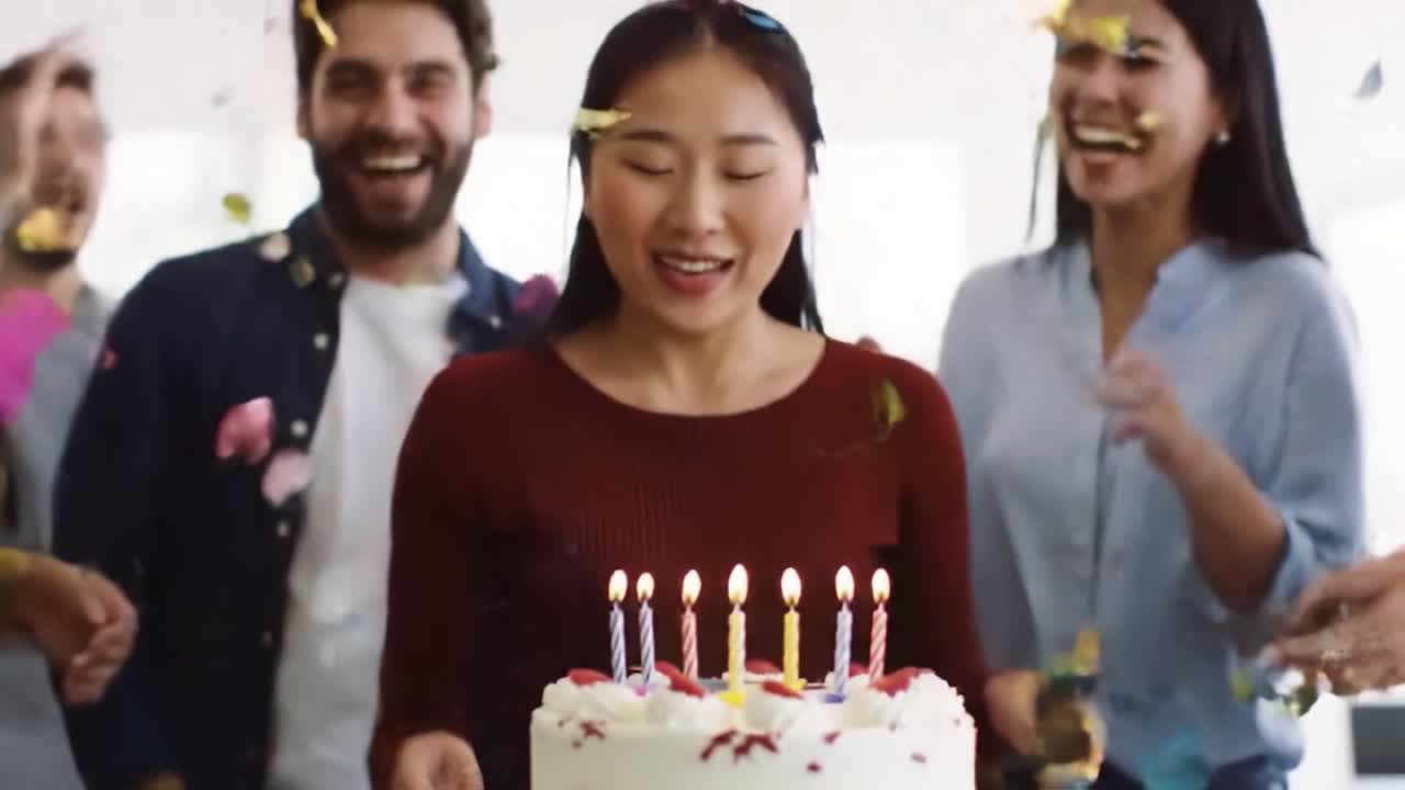 A Joyous Birthday Celebration with Friends and Family: Capturing the Delight of a Surprise Party with a Beautiful Cake and Joyful Moments