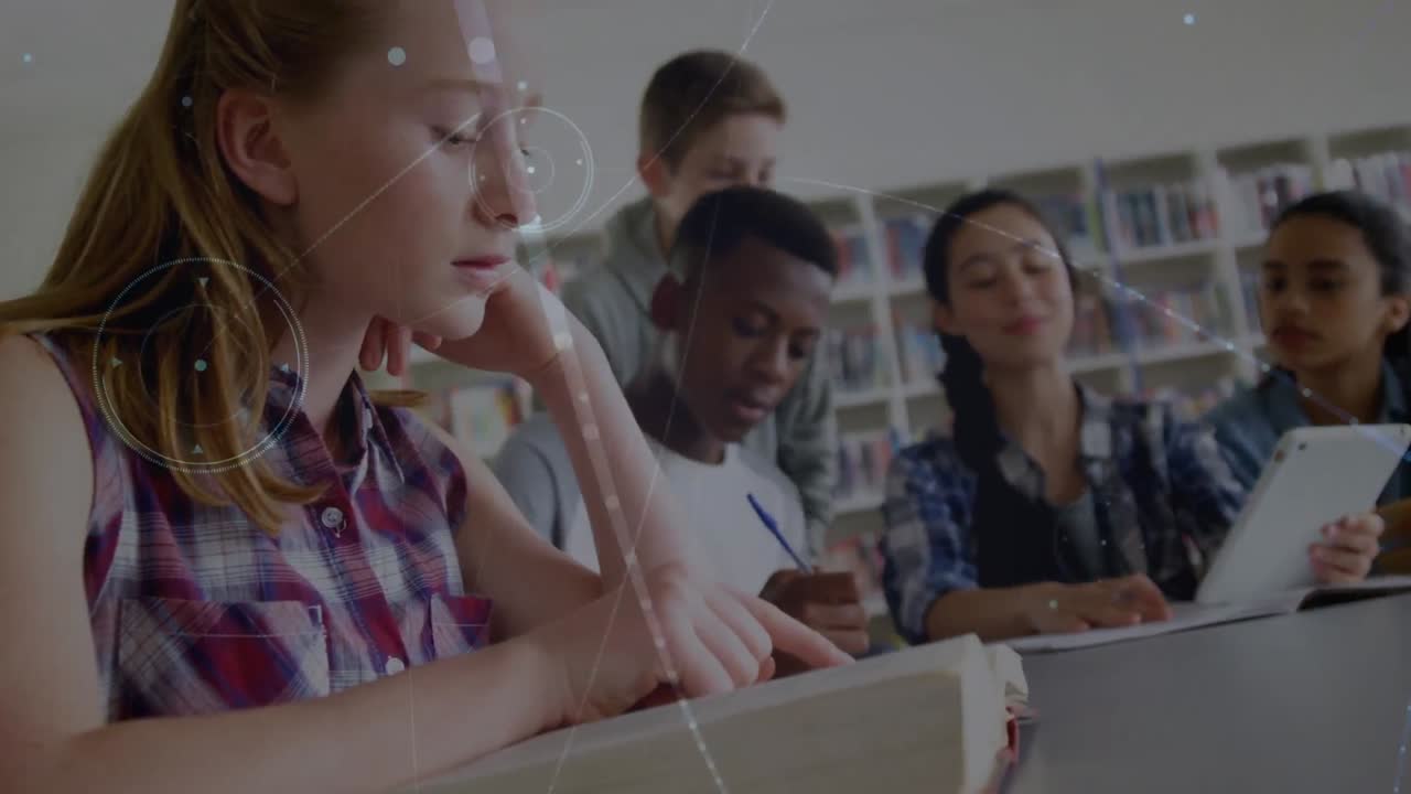 red de conexiones contra la niña caucásica que estudia en la clase en la escuela