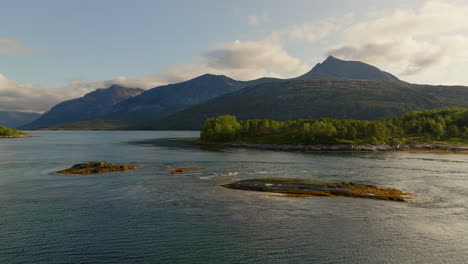 Aerial-view-of-high-tide-in-Efjord,-Norway