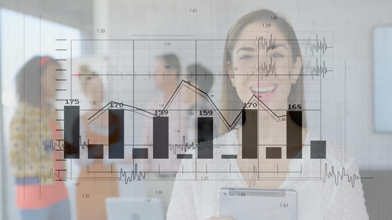 Woman holding tablet guiding colleagues in business office showing animated bar and line graphs