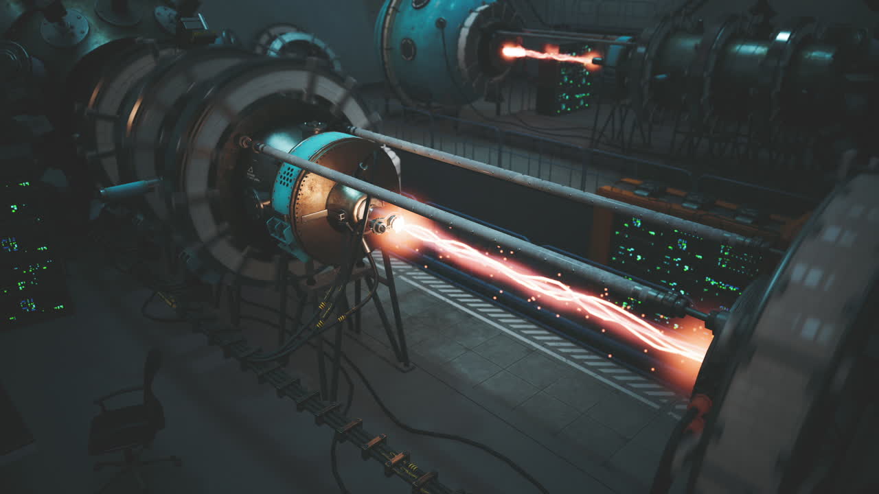 Futuristic laboratory showcasing advanced energy beams and technology