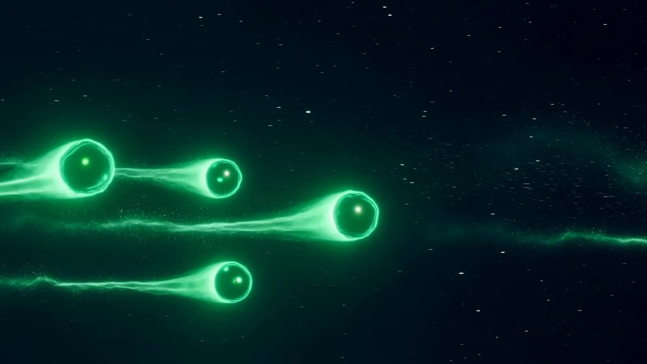 Cinematic dark cosmic scene showing neon green plasma orbs with glossy bright cores, soft halos, tapered gaseous streams, and fine particle trails, creating sleek futuristic contrast and expansive