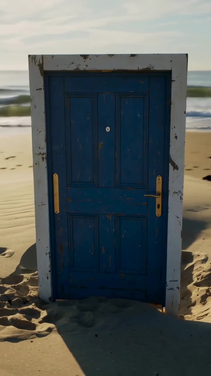 Video verticale: Telecamera in panoramica che rivela una porta blu su una spiaggia sabbiosa per mostrare una maniglia in ottone, impronte