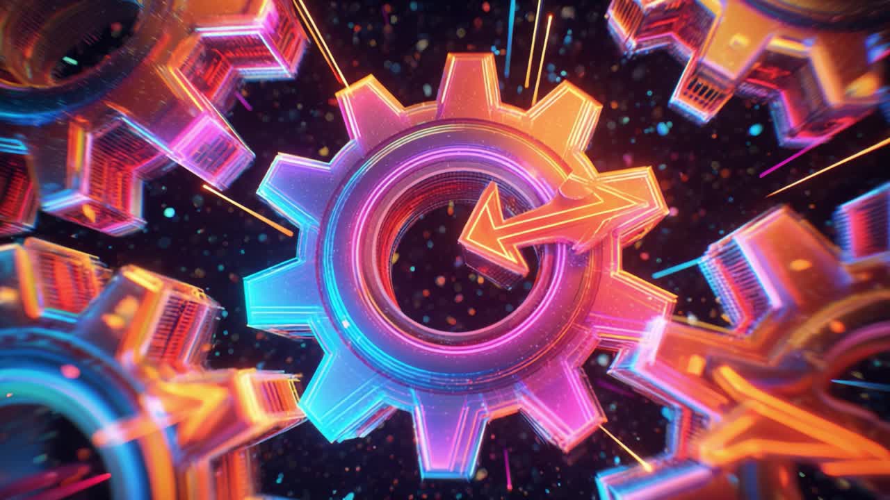 Animazione astratta di un ingranaggio centrale luminoso con un simbolo di freccia di aggiornamento rotante circondato da altre ruote dentate, che rappresenta i concetti di aggiornamenti di sistema, industria e cicli tecnologici