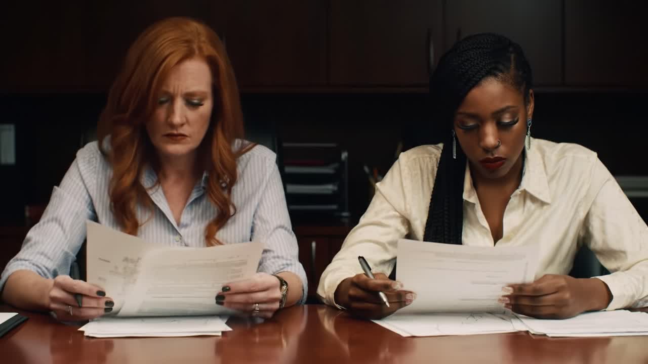 Two women are focused on their documents in a modern office environment. They review and discuss important materials, showcasing teamwork and concentration.
