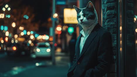 cat in a suit on a night city street