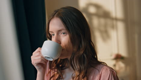 una chica soñadora bebiendo café en la luz del sol de la mañana en primer plano.