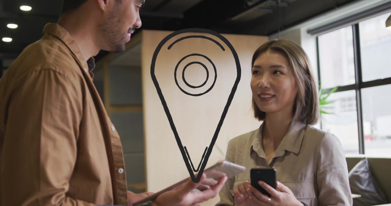 Business People Using Digital Devices with Location Pin Overlay