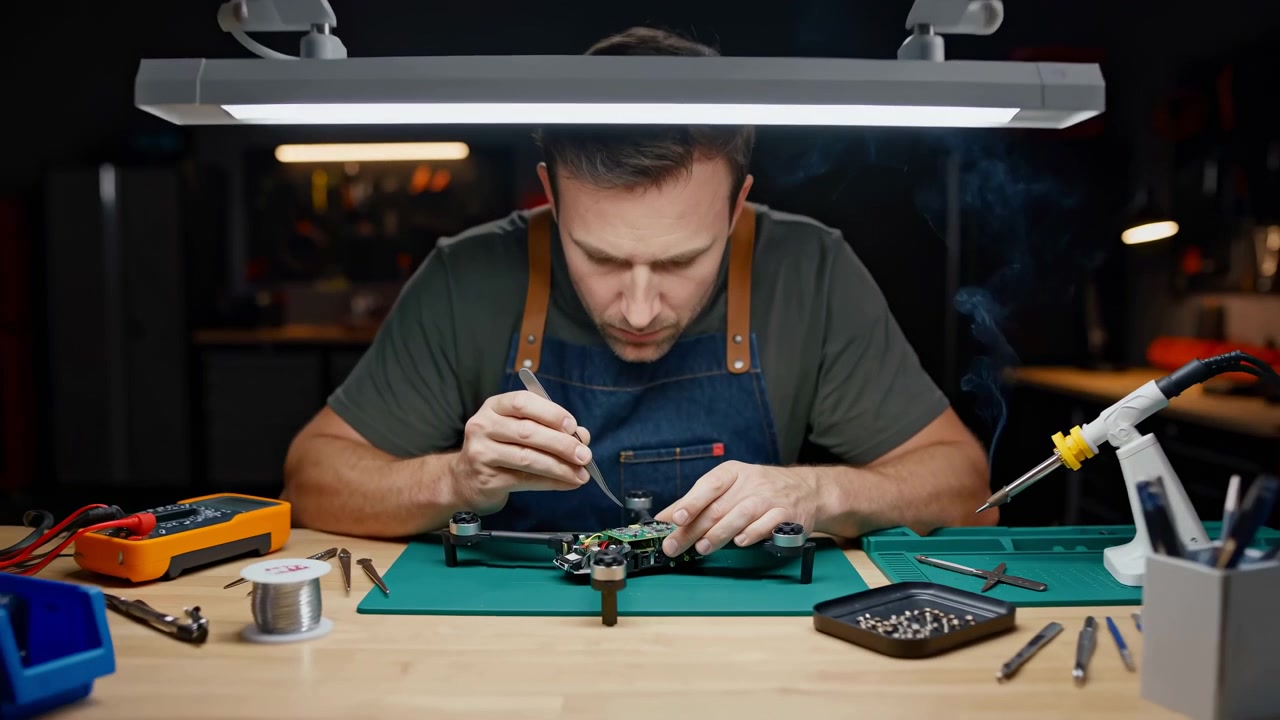 Una vista ravvicinata si allarga mentre un uomo stabilizza il telaio di un drone compatto e lavora su circuiti verdi con delle pinzette, mentre un multimetro, filo per saldare, utensili manuali e una lampada da lavoro luminosa riempiono un banco di legno