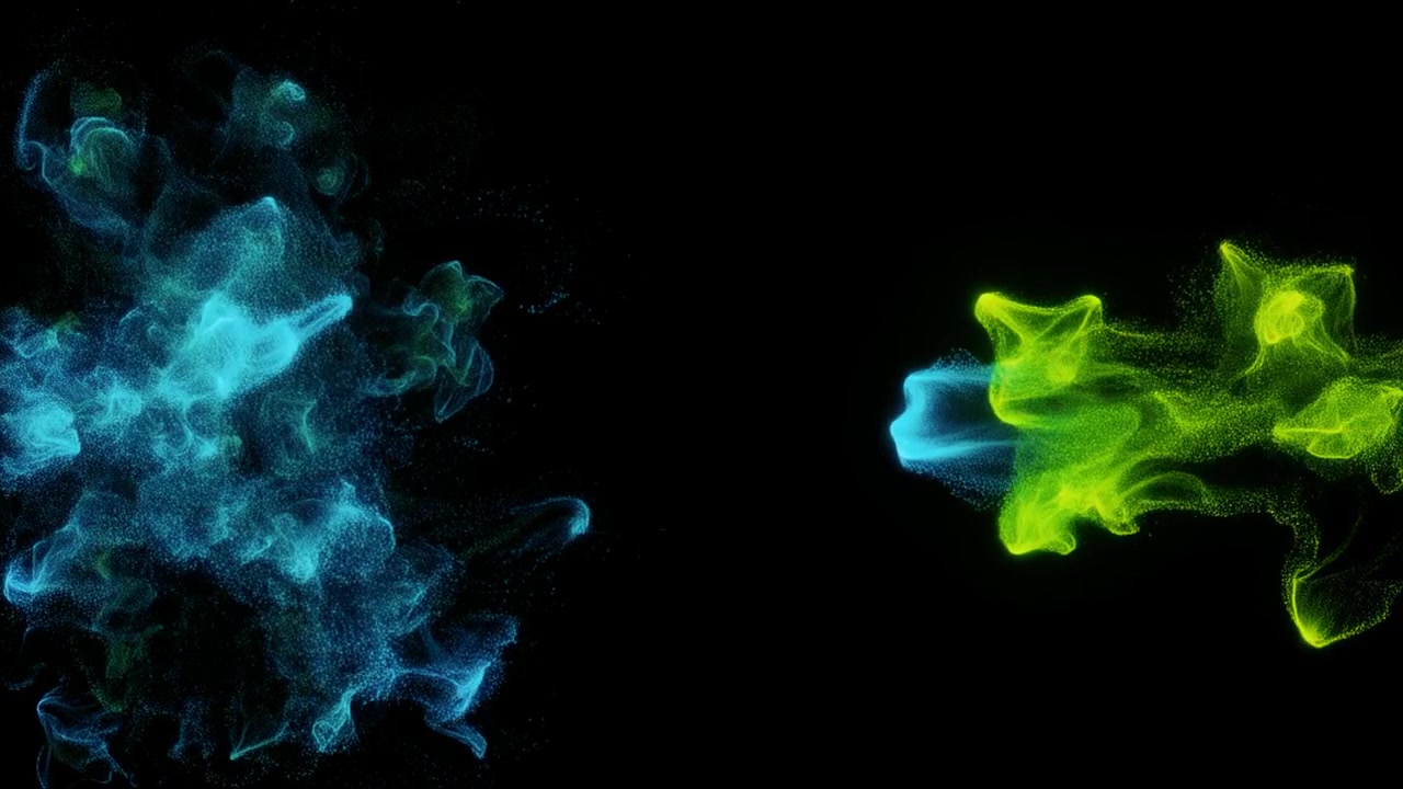 Abstract Blue and Green Particle Clouds Colliding on Black Background