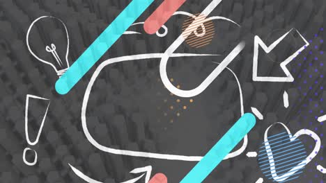 animación digital de formas abstractas coloridas e íconos múltiples contra formas concéntricas 3d