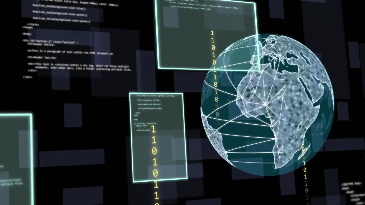 Animation of binary coding and data processing over globe