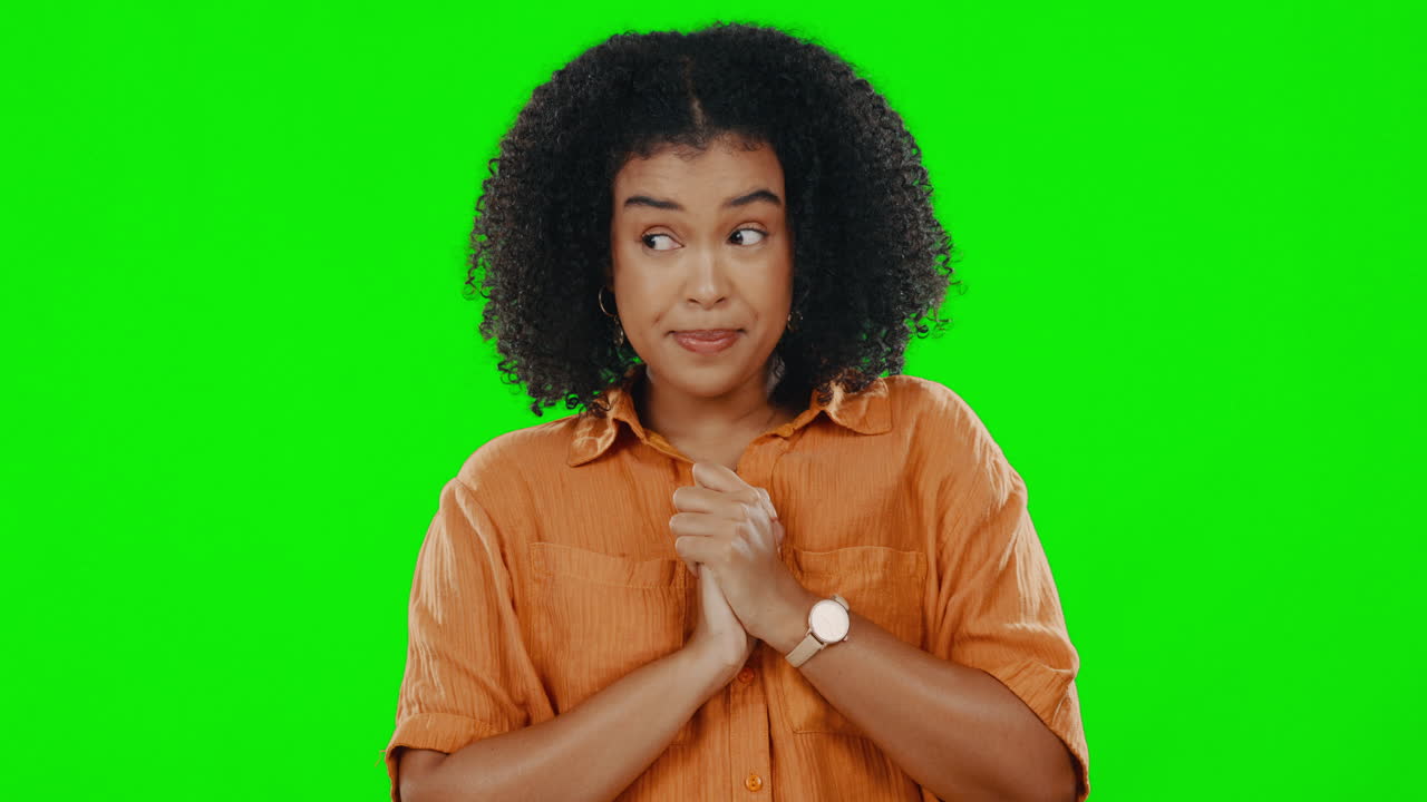 Confused, doubt and woman face with green screen