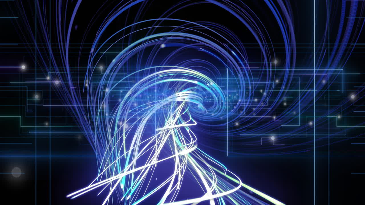 Animation of neon trails over light spots on black background