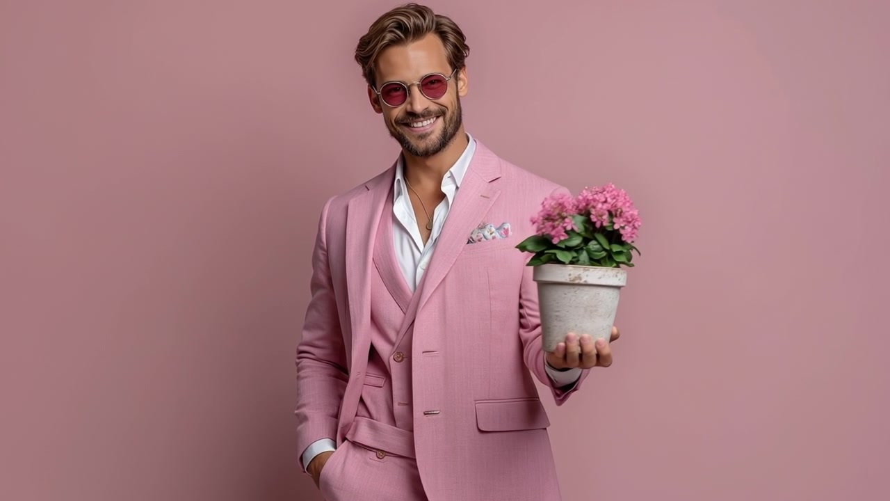 Man in een stijlvol roze pak met een kleine roze potplant in de hand tegen een zachtroze achtergrond.