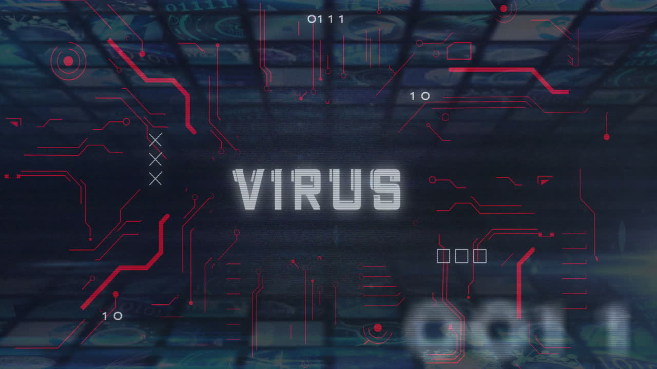 Digital virus text animation over abstract background with binary code and patterns