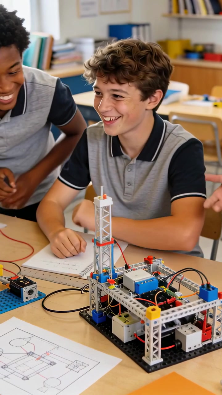 Vertical video: Teacher gesturing, student in grey polo reaching for robot kit at desk, using plan