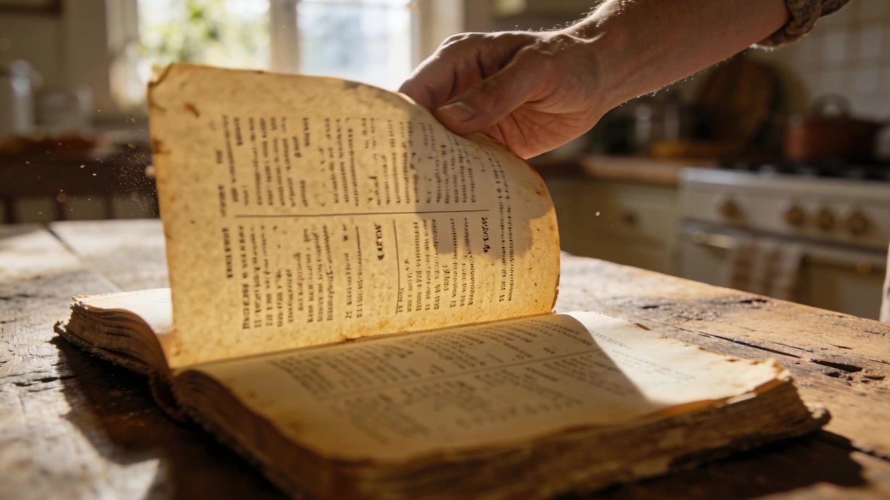 Una mano destra con la manica arrotolata entra nell'inquadratura, sfogliando le pagine di un registro su un tavolo da cucina illuminato dal sole, trovando del testo.