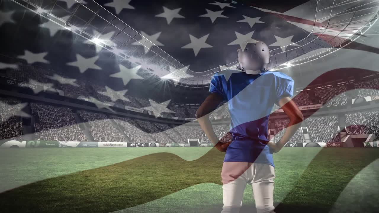 Jogador de futebol americano de pé no campo do estádio