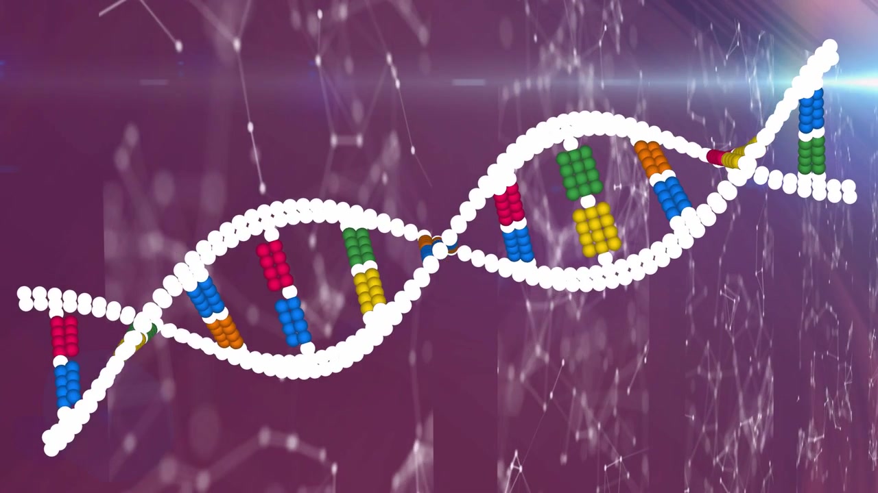 Reflexo de lente se movendo, hélice de DNA se deslocando, torcendo e deslizando, revelando pares de bases e mostrando genes.