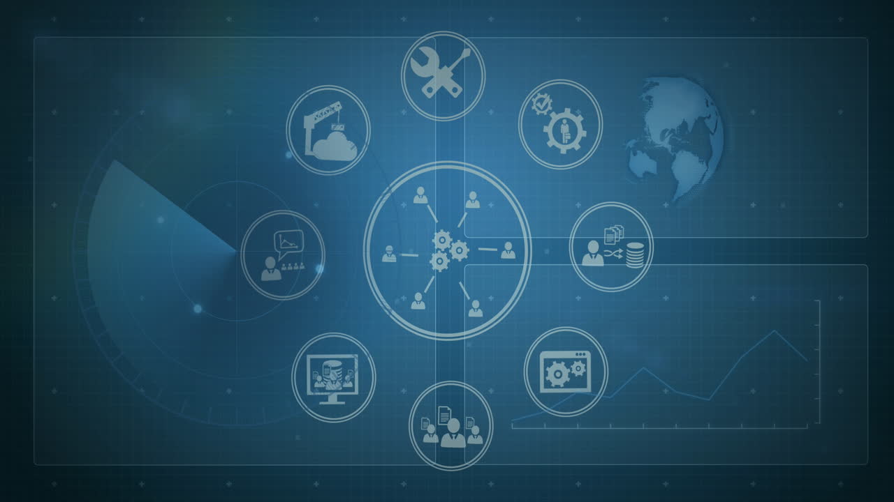 animación de una red de iconos digitales en todo el mundo girando en pantallas de fondo