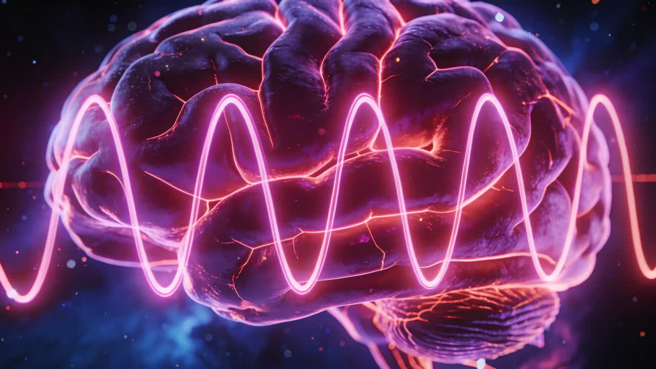 Sweeping neon pink waveform after pulse traversing 3D brain in nebula, visualizing neural activity