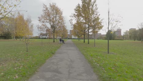 a man sits on a bench in a city park and looks at his phone when a drone flies by