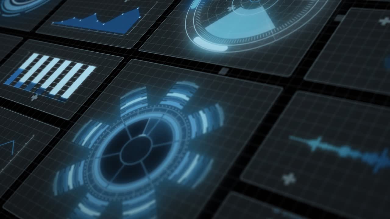 Animation of digital data processing and scopes over screens
