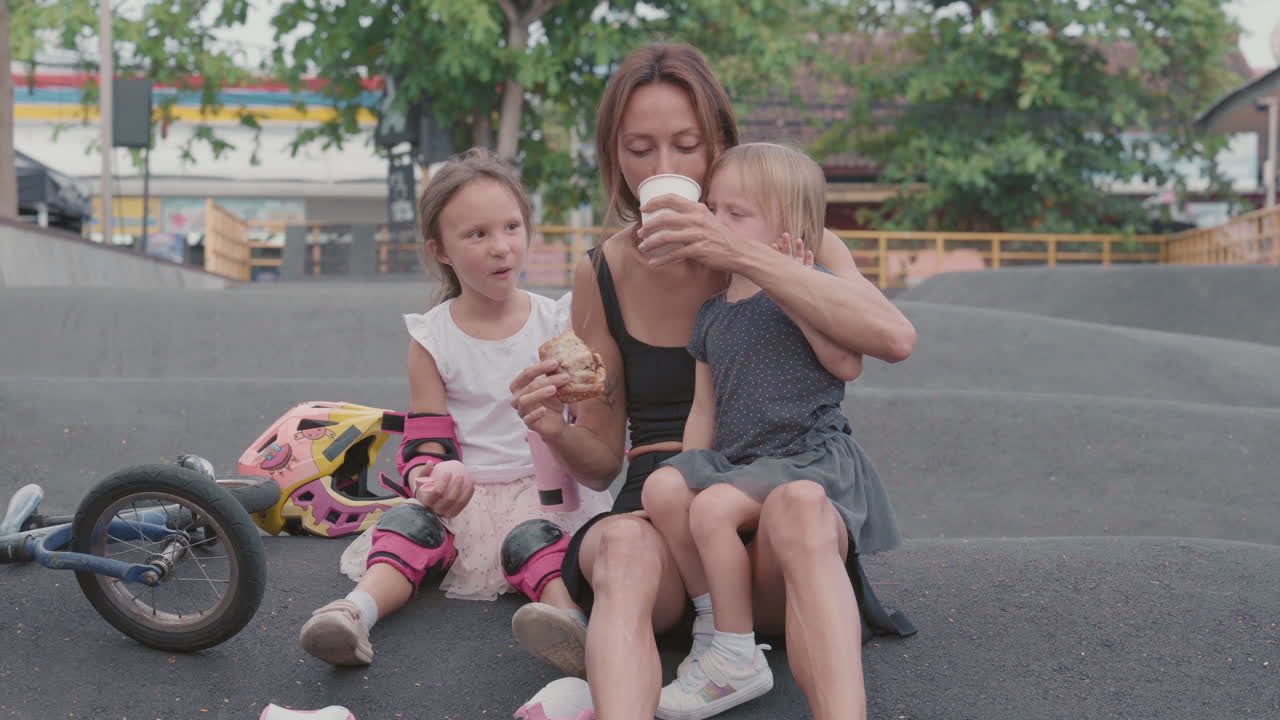 어머니와 딸들이 야외에서 어먹고 있습니다.