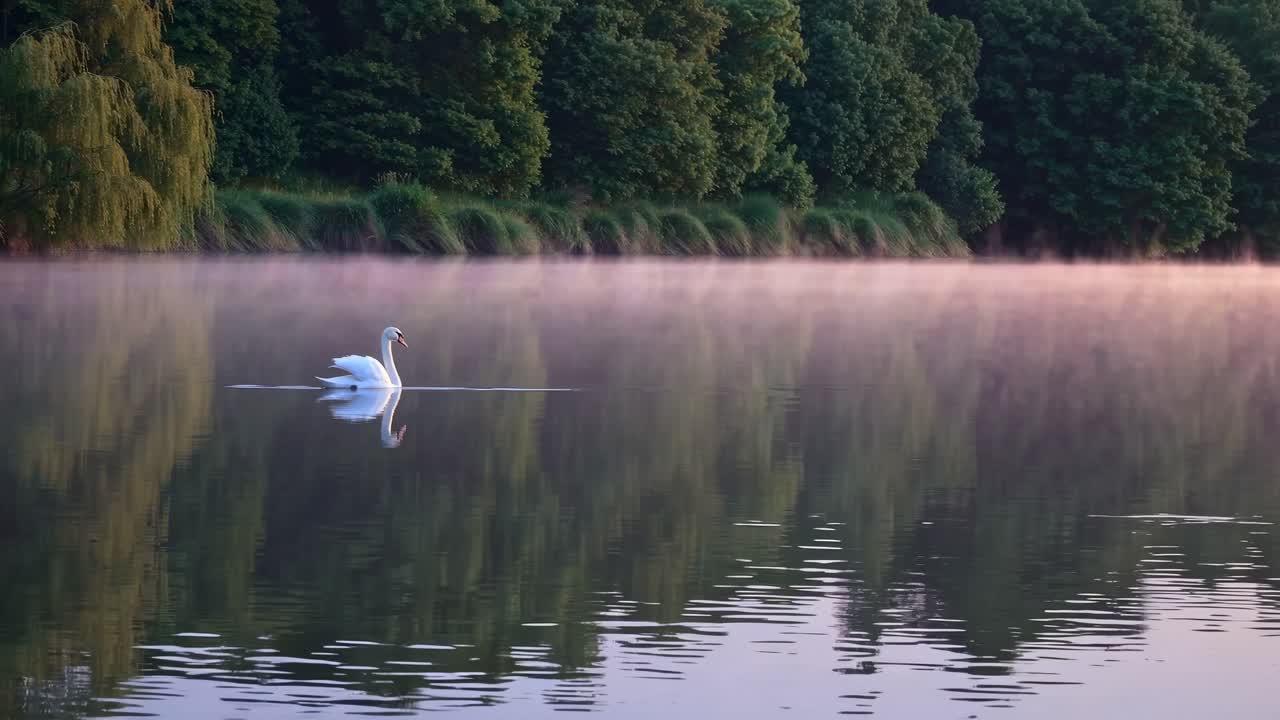Fridfull videoscen av en svan som glider på en dimmig sjö i gryningen. Filmad från låg vinkel.