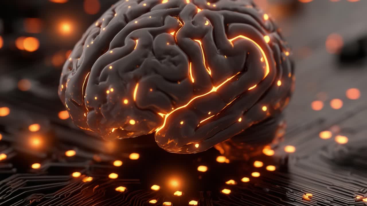 A Glowing Brain Model On A Circuit Board: A Study In Neural Connectivity And Technology Fusion, Evoking Themes Of Intelligence And Innovation In The Digital Age