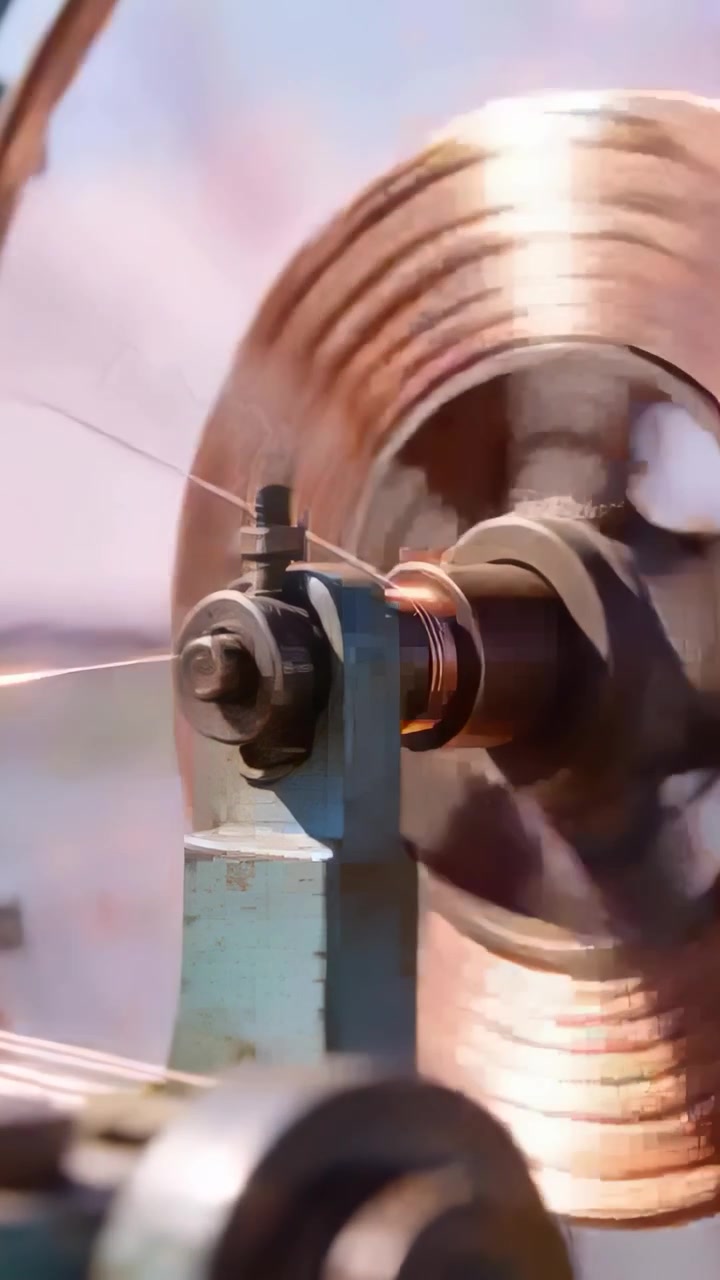 Vertikal video: Motor starter roterende kobberskive, vikler tråd på spole ved arbejdsbænk og danner en spole.