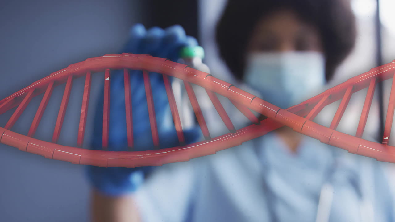animando la cadena de adn sobre el científico que sostiene el frasco en el laboratorio