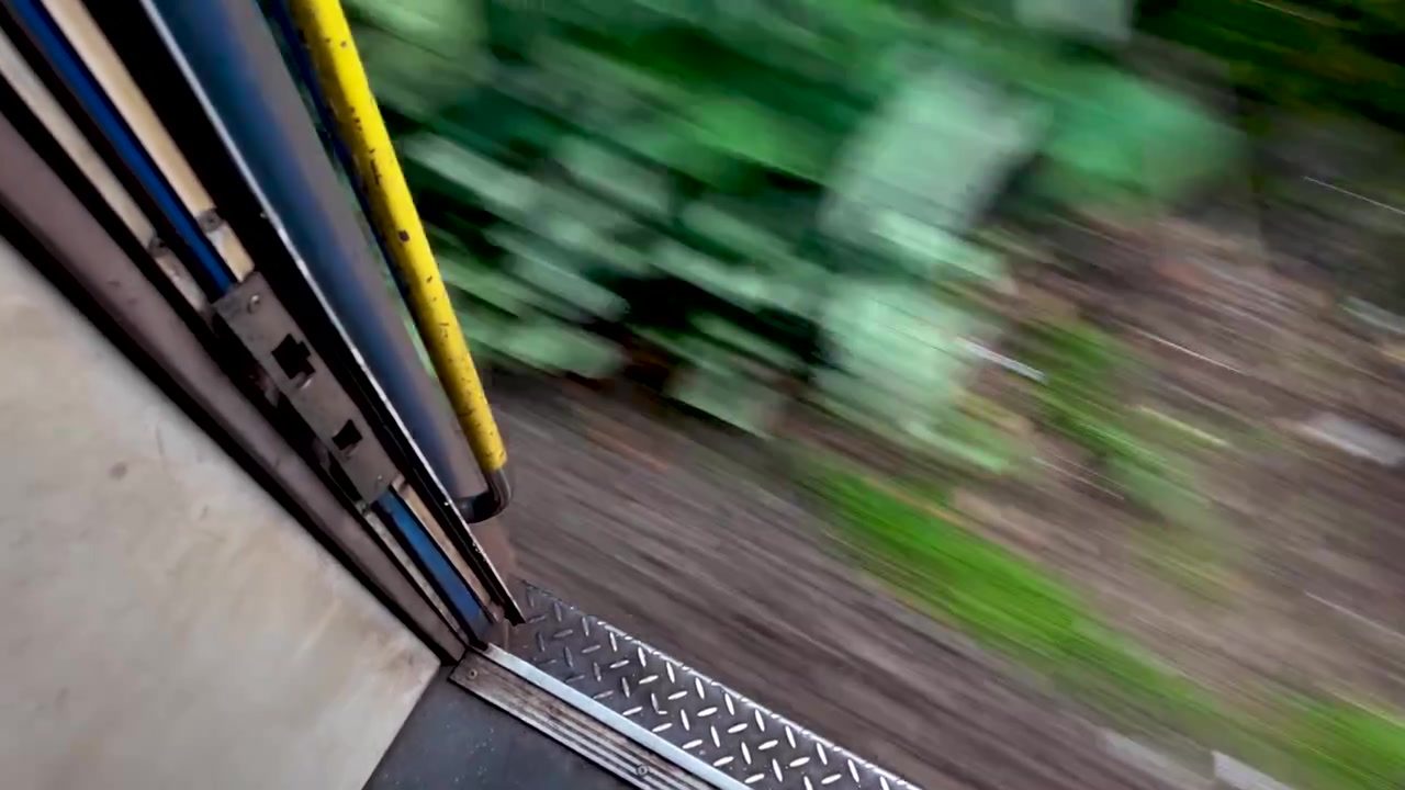 Una vista dinamica da una porta aperta di un treno in Sri Lanka, che mostra il lussureggiante paesaggio verde e il senso di movimento. Cattura l'essenza dell'avventura e dell'esplorazione di viaggio.