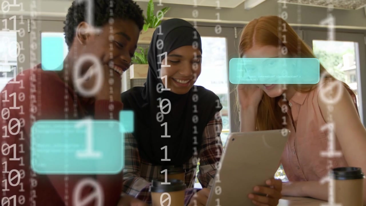 Students in cafe tapping tablet, causing teal chat boxes sliding over then receding for class