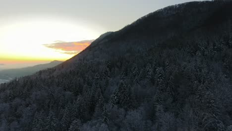 Sunrise-Alps-Scenery-in-Pohorje-Wooded-Mountain-Range-Snow-Covered-Pine-Trees,-Frost-Scenic-Beautiful-Travel-Destination-in-Slovenia