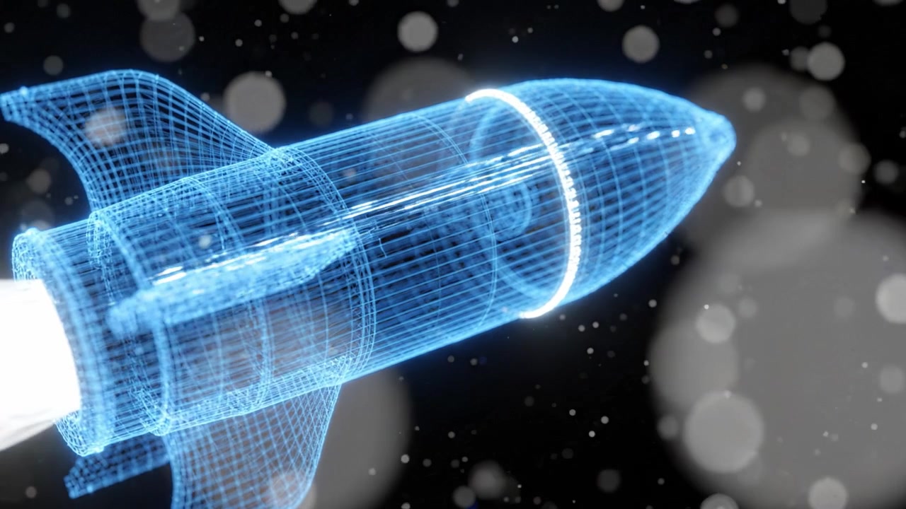 A Futuristic 3D Model of a Rocket in Motion, Showcasing Its Wireframe Design and Ethereal Glow Against a Starry Space Background