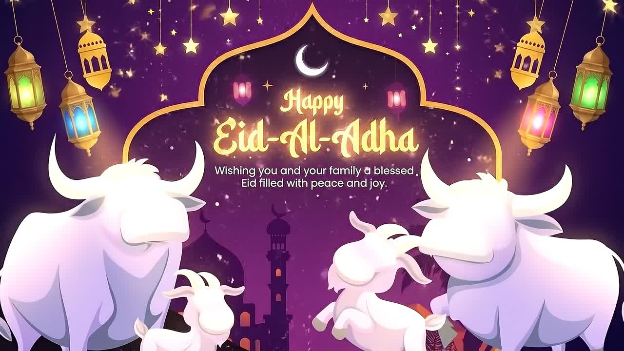 Banner animato di auguri per Eid al-Adha con tori bianchi, lanterne, luna crescente e luci festive scintillanti