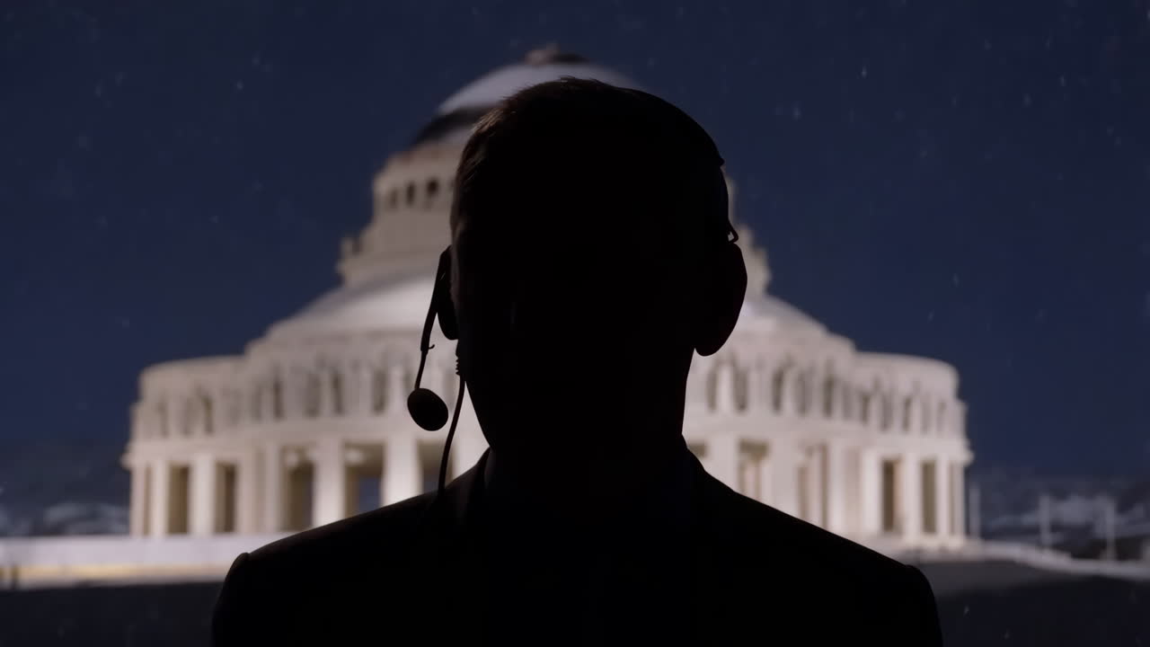 Silhouette of Person with Headset Against US Capitol Building at Night