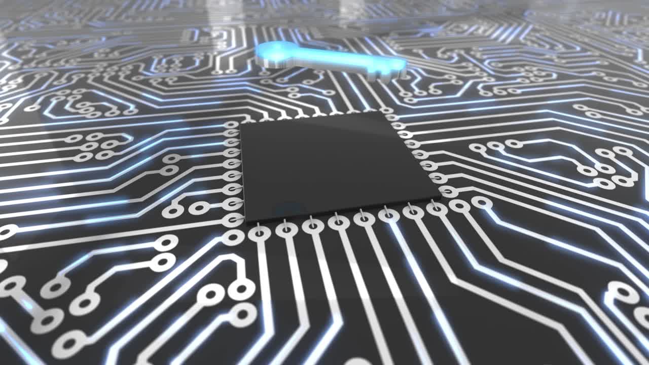 azul oscuro placa de circuitos giratorios de computadora concepto de bucle de llave 4k