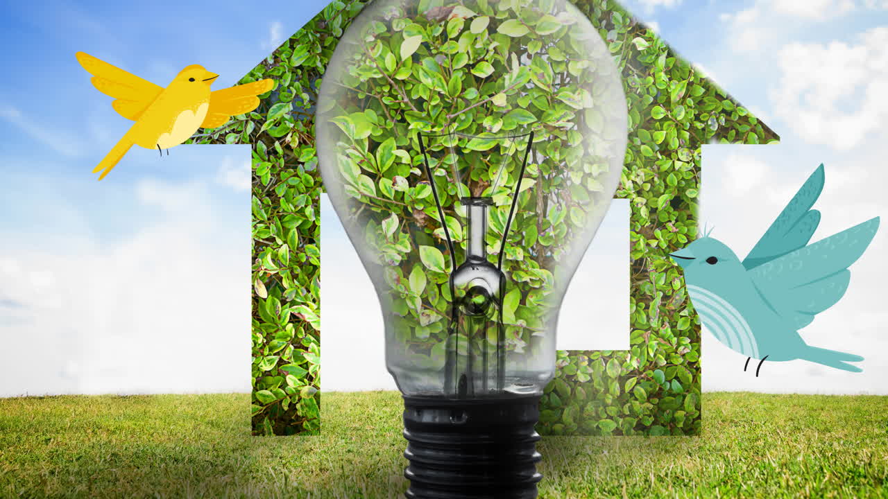 animación digital de pájaros moviéndose sobre plantas en bulbo y casa contra el cielo azul