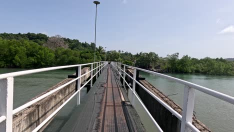 point-of-view walk along a narrow bridge above a mangrove-lined river, under bright daylight with steady camera movement and lush green surroundings