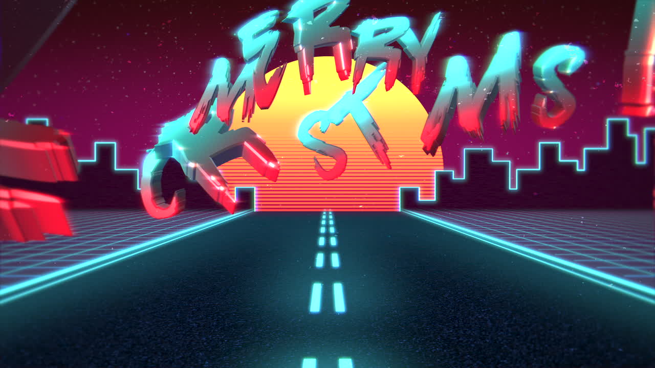 애니메이션 소개 텍스트 메리 크리스마스와 도로 및 도시 복고풍 배경이 있는 산