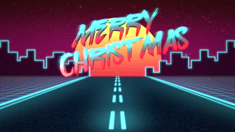 animation intro text merry christmas and mountain with road and city retro background