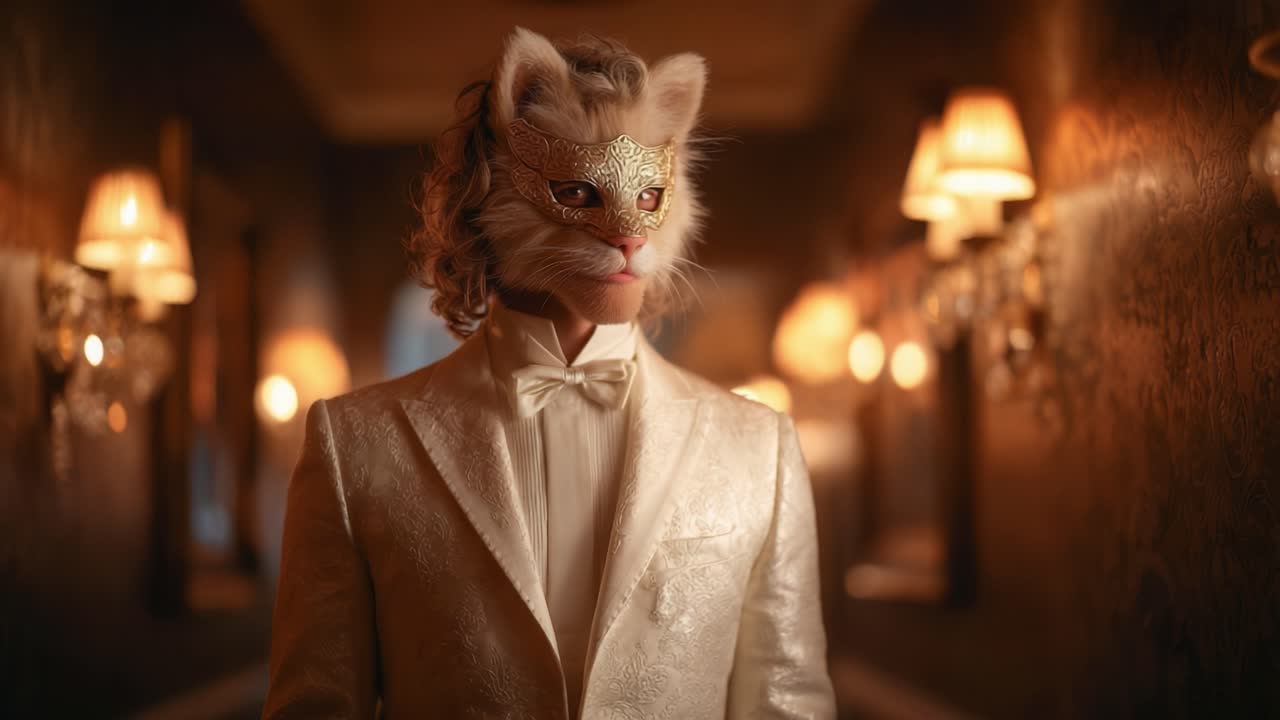 A Mysterious Figure in a Masquerade Ball: A Man Dressed Elegantly in a White Suit Wearing a Cat Mask Stands in a Dimly Lit Hallway with Vintage Wall Sconces