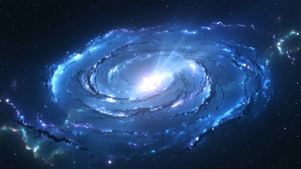 Un nucleo che si illumina inviando raggi mentre una galassia a spirale blu ruota nello spazio profondo con bracci luminosi.