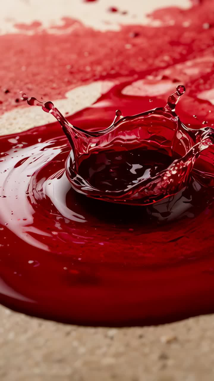 Vertical video: Droplet impact sending red liquid forming crown splash on beige tabletop for study