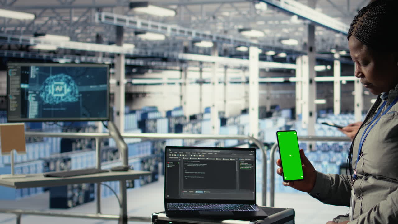 Engineer Using Isolated Screen Smartphone In Server Room While Optimizing Ai