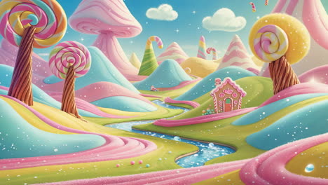 whimsical candy land with gingerbread house and lollipop trees