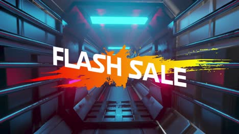 Animation-of-flash-sale-text-on-color-splash-and-geometric-shape-over-futuristic-tunnel